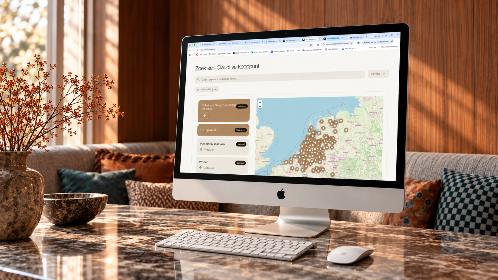Dealerlocator van Claudi met een kaart van dealers in Nederland, België en Duitsland